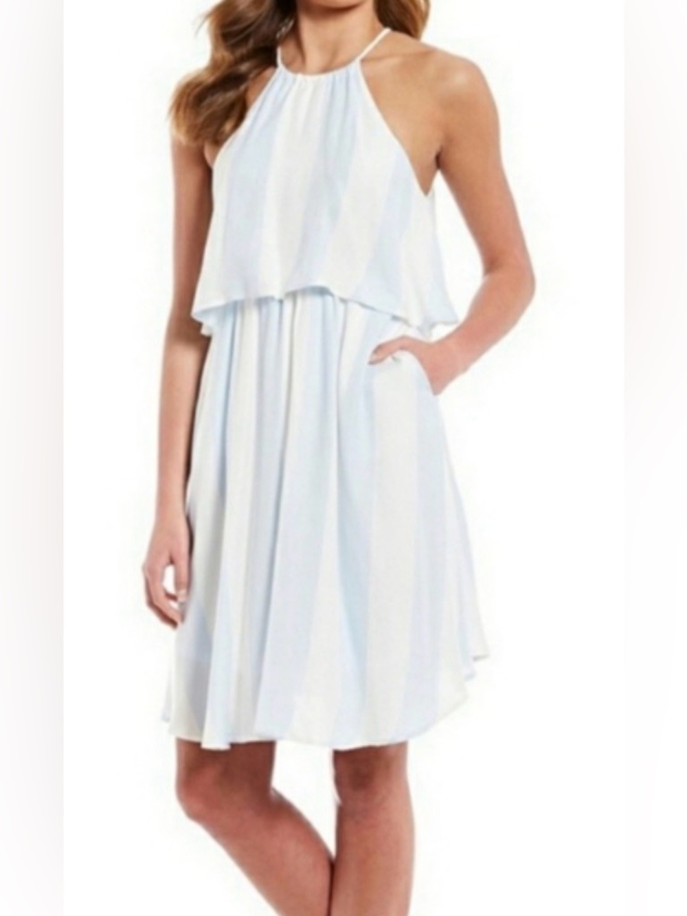 Lauren James Nassau Stripe Open Back Halter Racerback Mini Dress Blue White